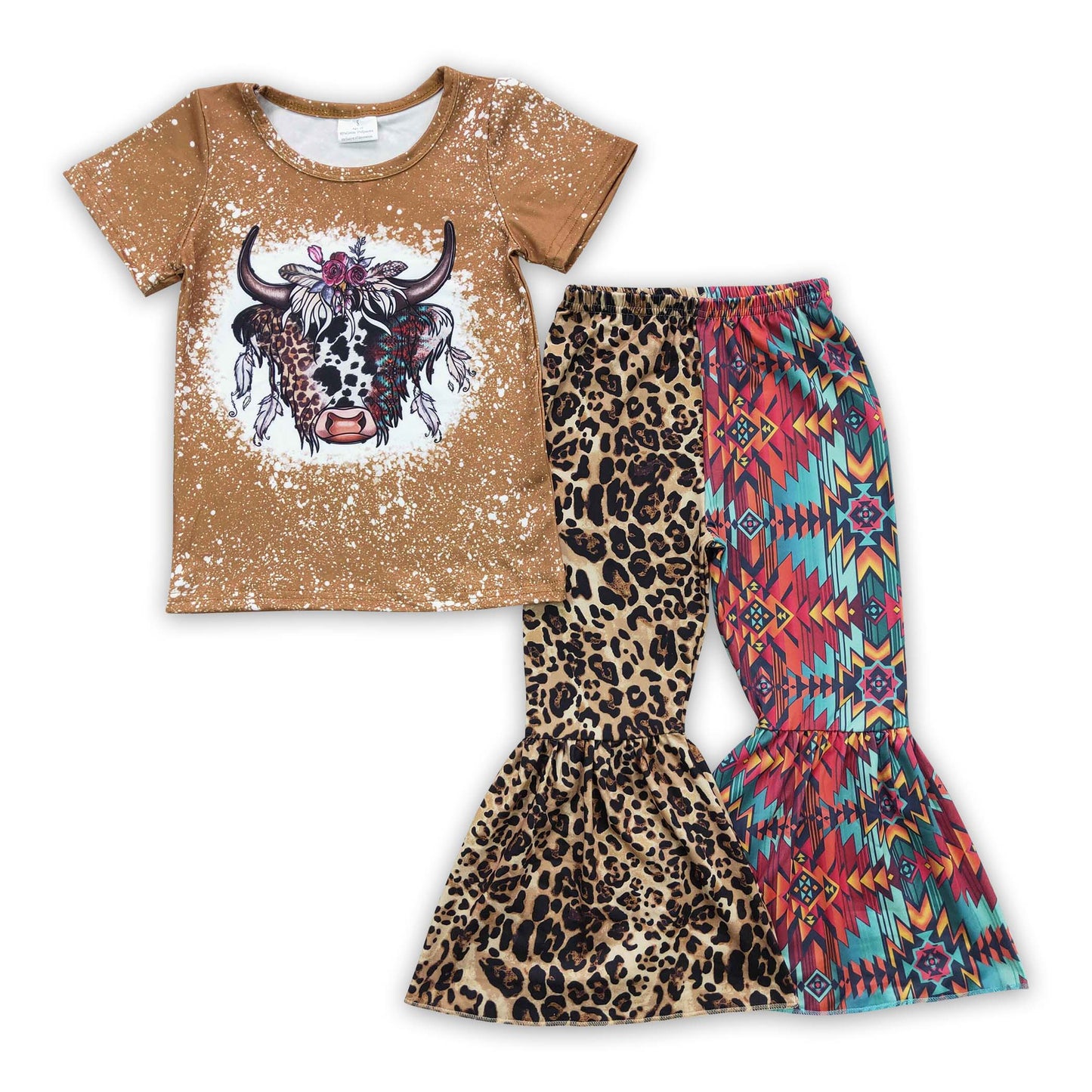 Leopard Aztec Kuh gebleichte Schlaghose Mädchen Westernkleidung