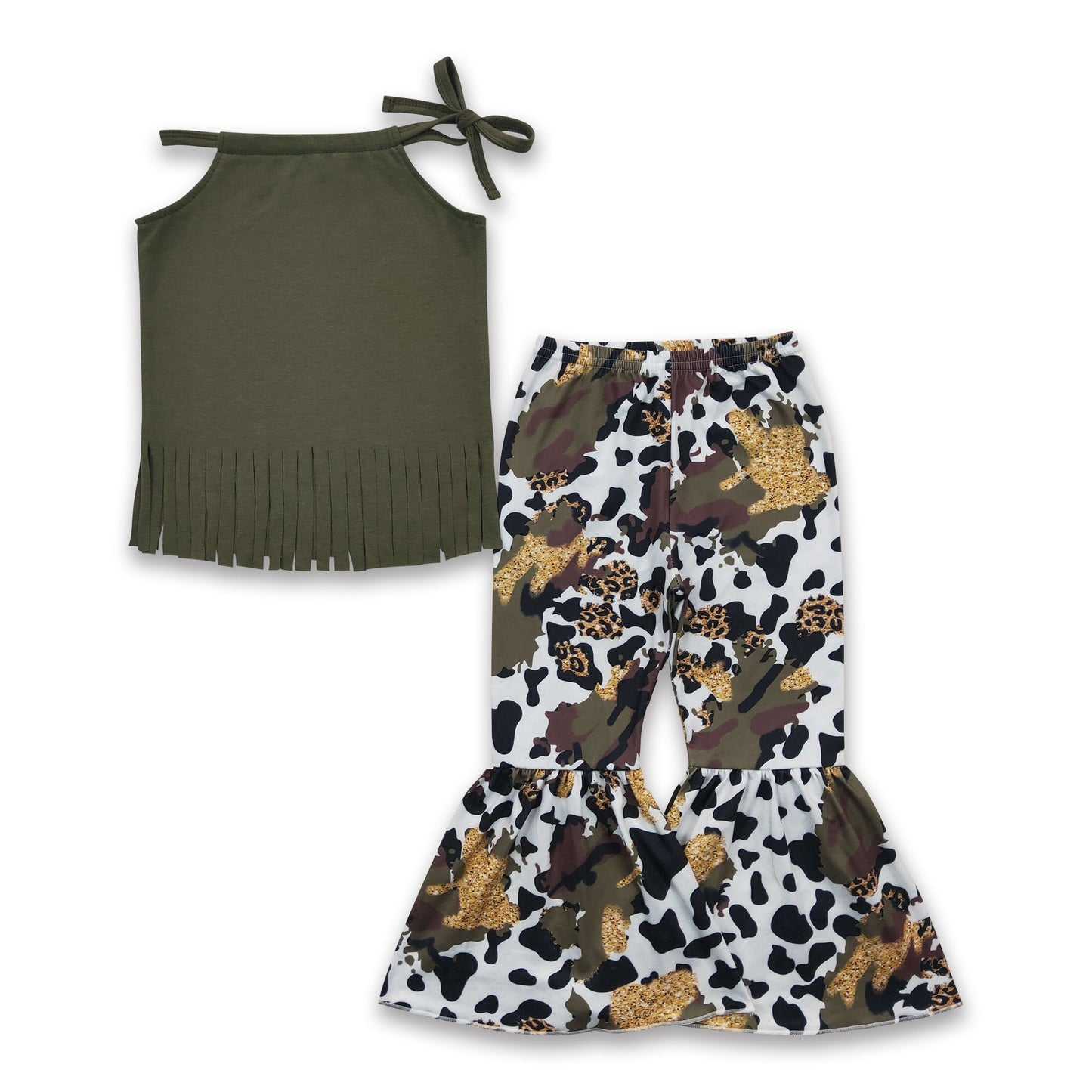 Olivfarbenes Quasten-Shirt Tarn-Leopardenmädchen-Kleidungsset