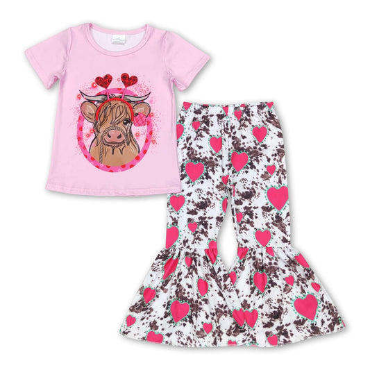Herz-Highland-Kuh-Oberteil und Hose für Mädchen, Valentinskleidung