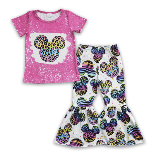 Leuchtend pinkes, farbenfrohes Leopardenmuster-Maus-Shirt, Hose, niedliche Mädchenkleidung