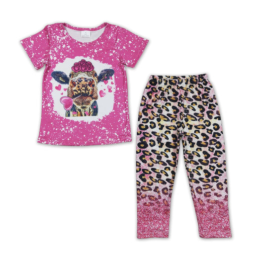 Herz Kuh Blume Shirt pink Leopard Leggings Mädchen Valentinstag Outfits