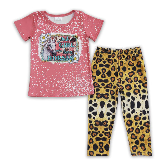 Mädchen, das Pferde liebt, Shirt, Leopard Leggings, Kinderkleidung Set