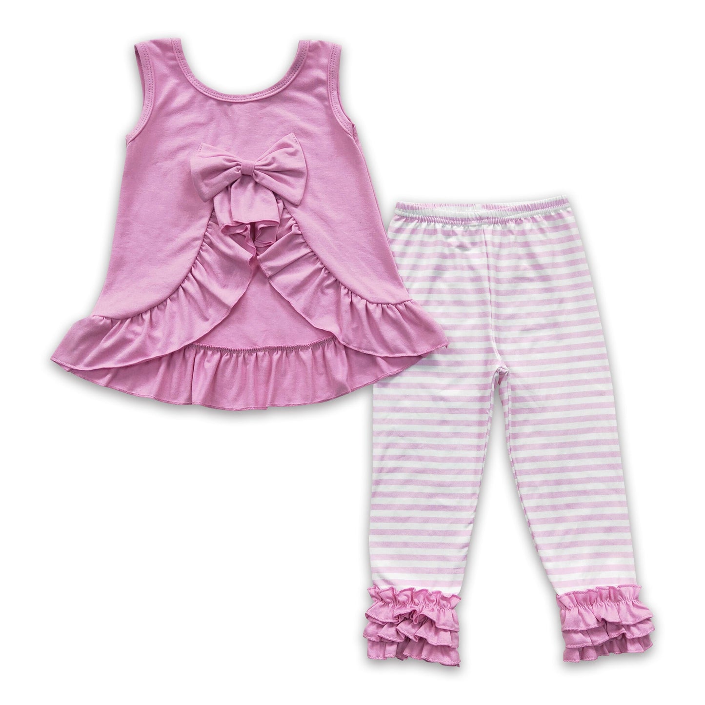 Rosa Schleife rückenfreies Oberteil gestreifte Leggings Mädchen Frühlingskleidung