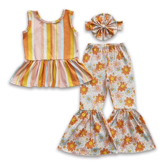 Gestreifte ärmellose Schößchen-Bluse mit Blumenmuster und Schlaghose für Baby-Mädchen
