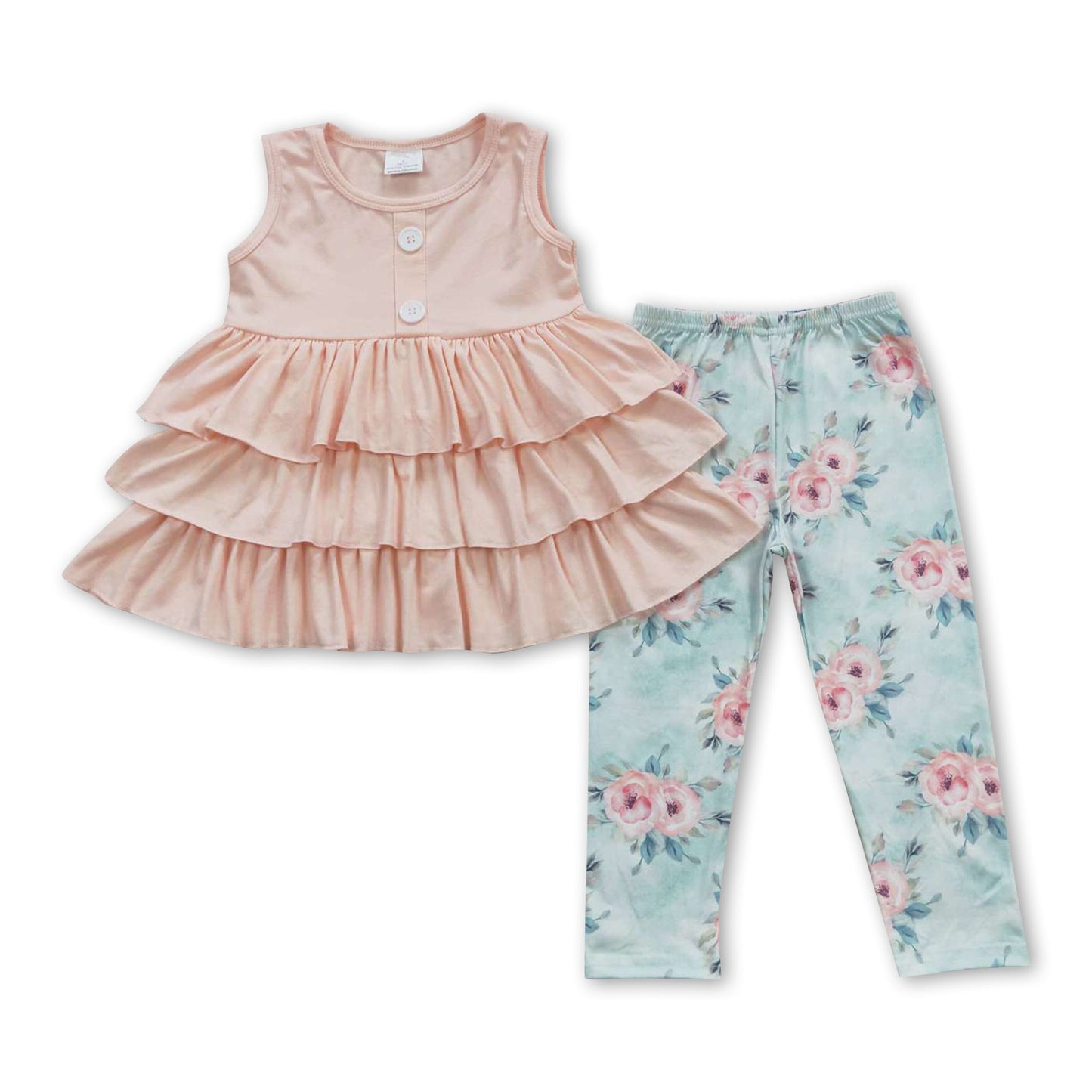 Ärmelloses Rüschen-Tunika, florale Leggings, Mädchenkleidung
