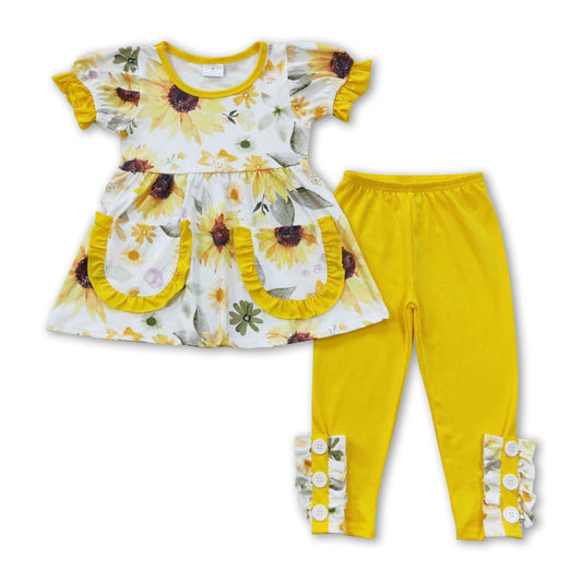 Sonnenblumen-Taschen-Tunika-Leggings-Mädchen-Kleiderset