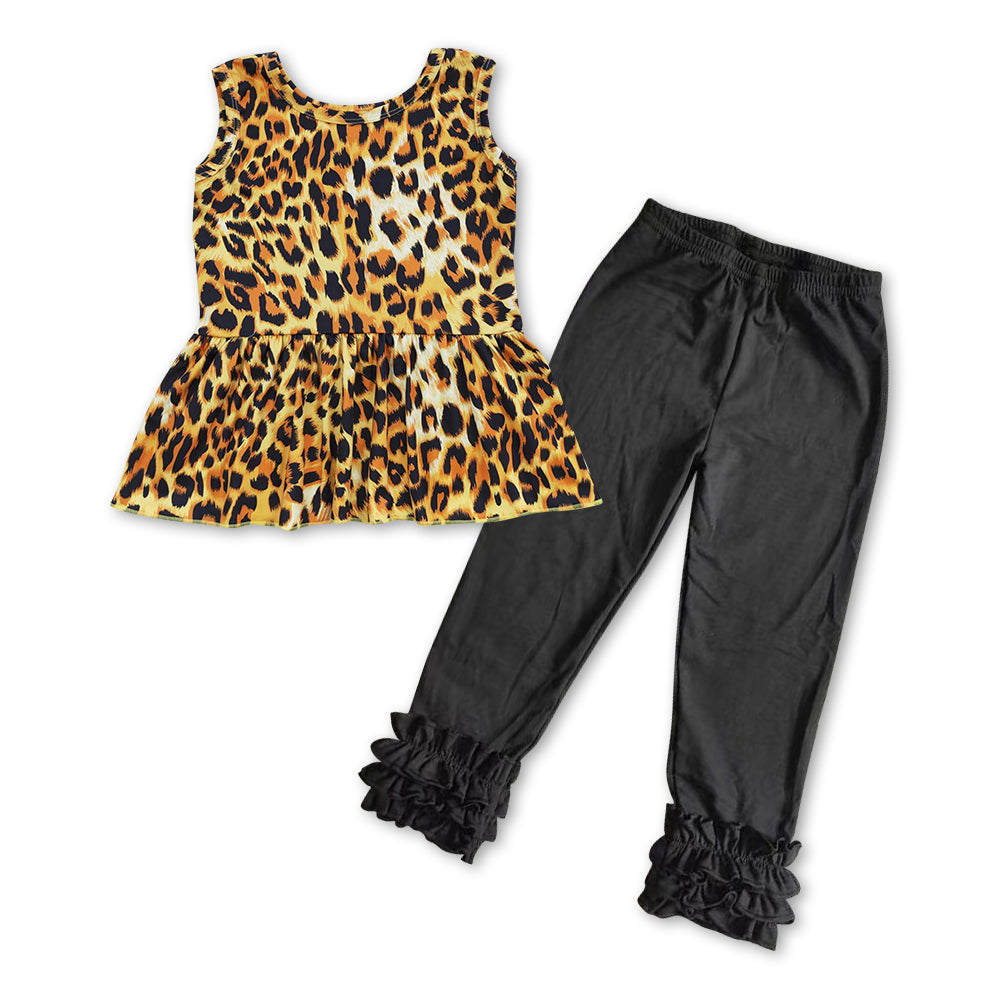 Leopardenmuster, ärmelloses Oberteil mit Schößchen, schwarze Leggings, Mädchenkleidung