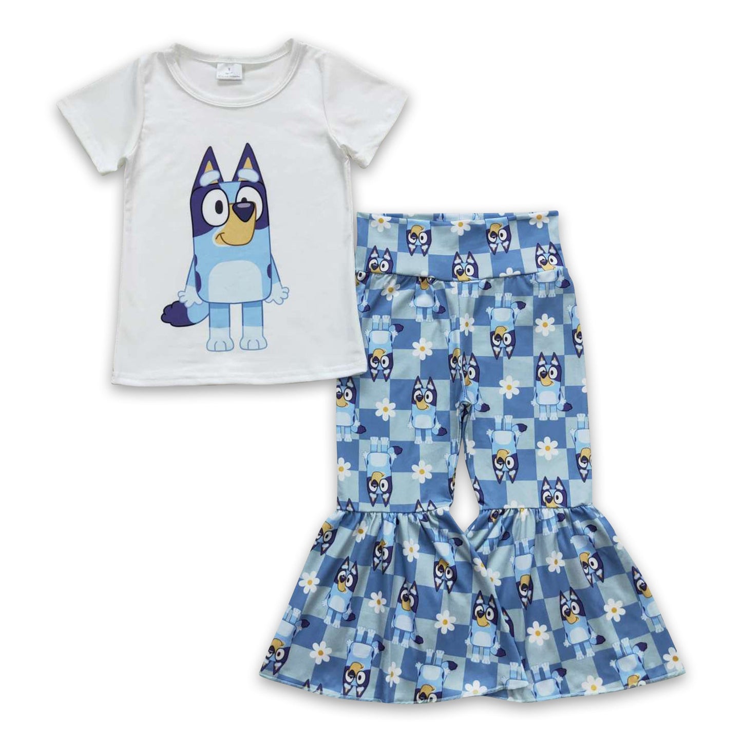 Kurzärmlige blaue Hunde-Blumen-Karo-Mädchen-Outfits