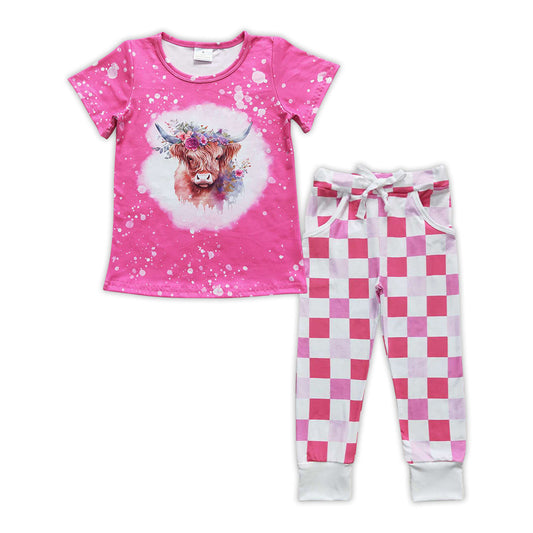 Highland-Kuh gebleichtes Oberteil karierte Hose Mädchen Kleidung Set