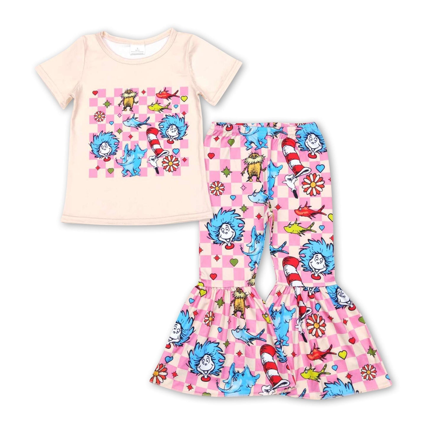 Kurzarm rosa kariert Katze Oberteil Hose Mädchen Kleidung Set