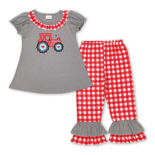Traktor-Herz-Tunika-Karo-Hosen Mädchen Valentinstags-Outfits