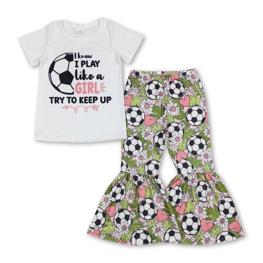 Weißes Fußball-Oberteil, geblümte Hose, Mädchen-Bekleidungsset