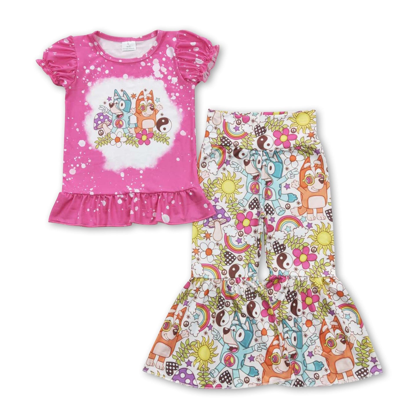 Gebleichtes florales Pilz-Hund-Oberteil-Hose-Mädchen-Bekleidungsset
