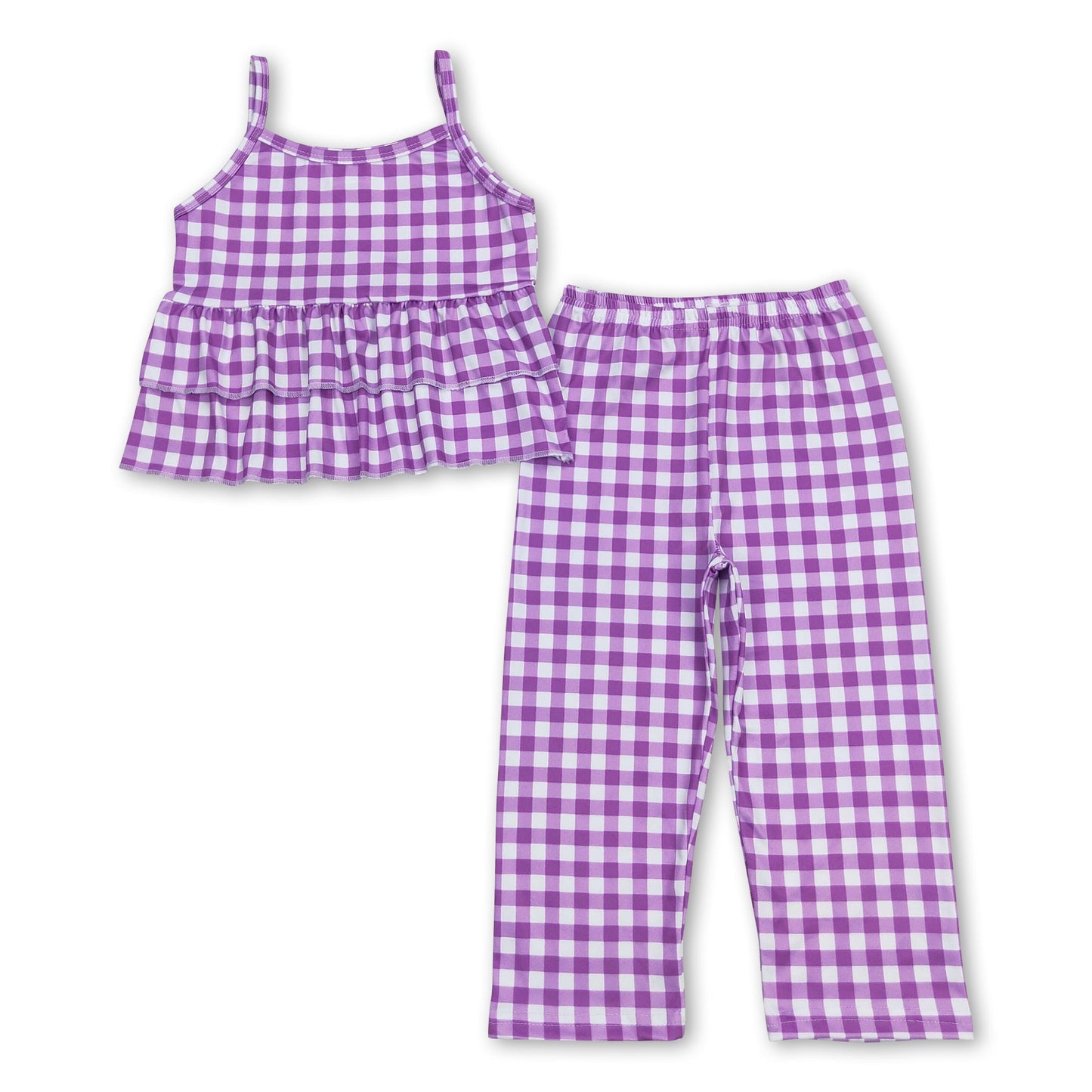 Ärmelloses lila kariertes Rüschenoberteil Hosen Mädchen-Outfits