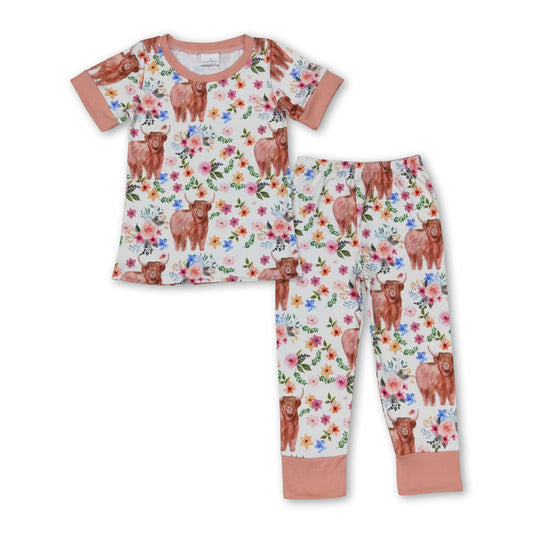 Khakifarbener Hochlandrind Blumen Kinder Mädchen Pyjama