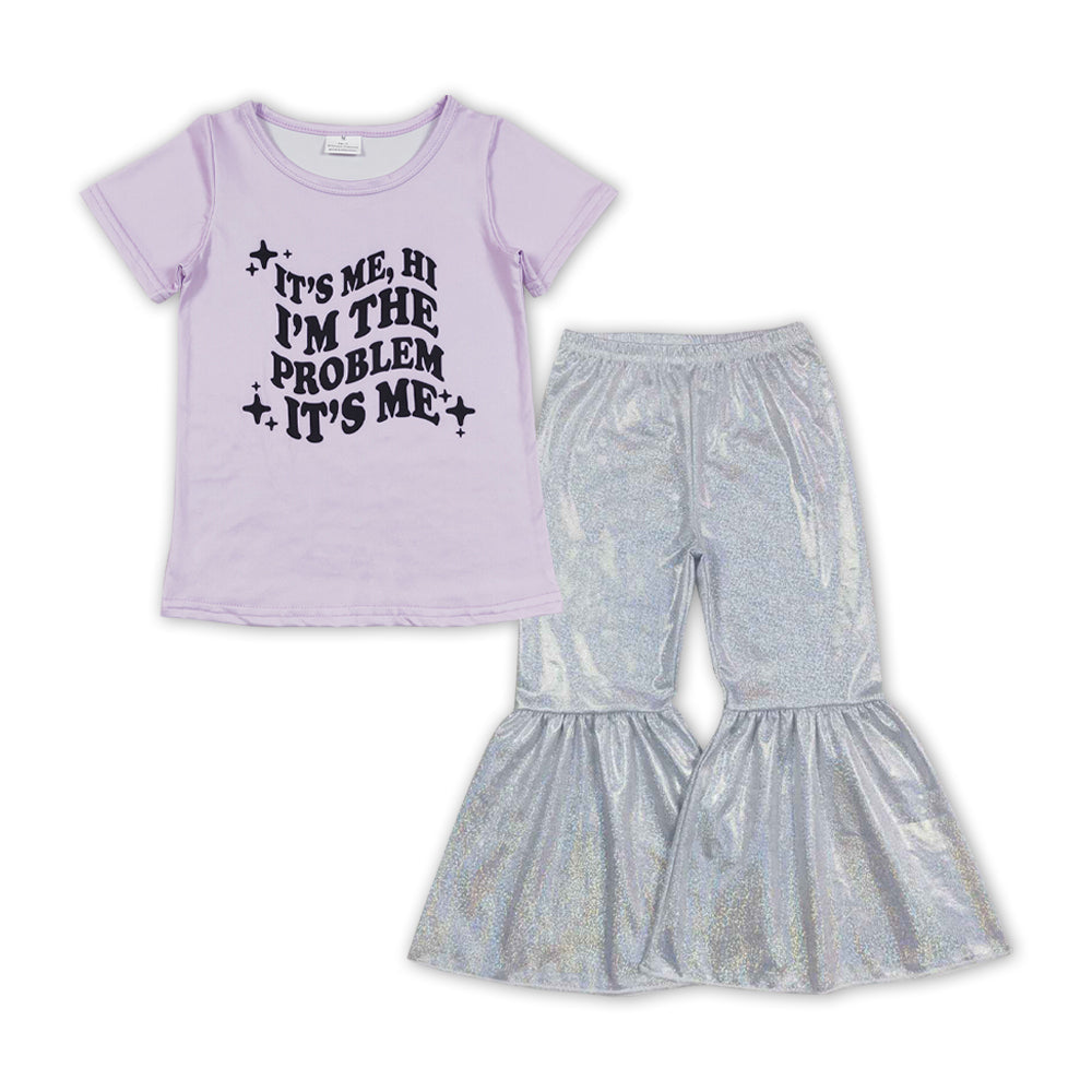 Lavendelfarbenes Problem-Top, weiße, glänzende Hose, Mädchen-Sängerinnen-Set