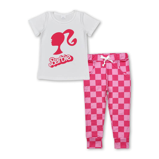 Weißes Top, hot pink karierte Hose, Party-Mädchen-Kleiderset