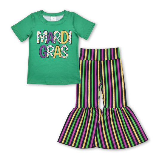 Grünes Mardi Gras Oberteil mit gestreiften Hosen Mädchen Kleider-Set