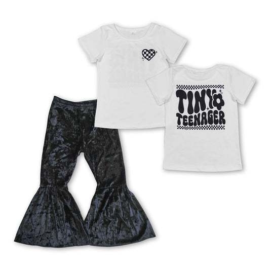Kleines Teenager-Blumenherz-Oberteil, schwarze Samthose, Mädchenkleidung