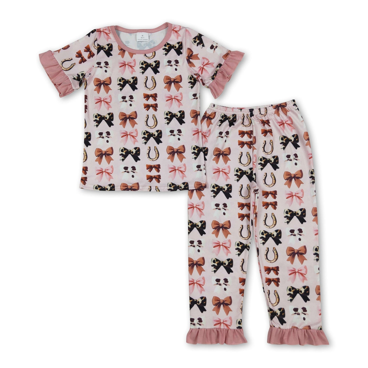 Rosa Rüschen Kuhmuster Schleifenoberteil Hose Western Mädchen Pyjama