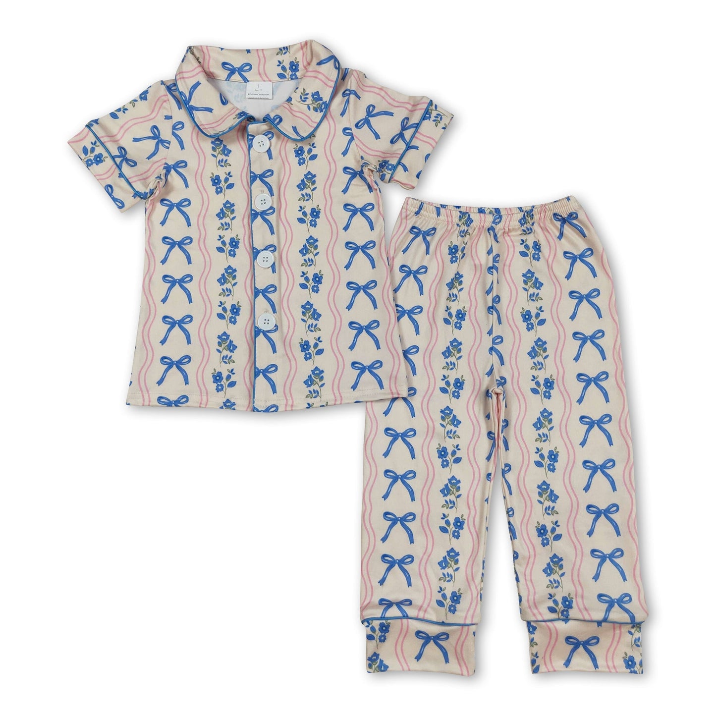 Kurzarm-Schlafanzug für Mädchen mit blauem Schleifenmuster und Blumen-Print, zum Knöpfen
