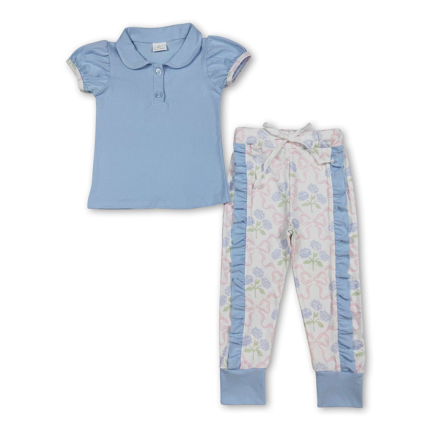 Kurzärmeliges Poloshirt Rüschenschleife Blumenhose Mädchenkleidung