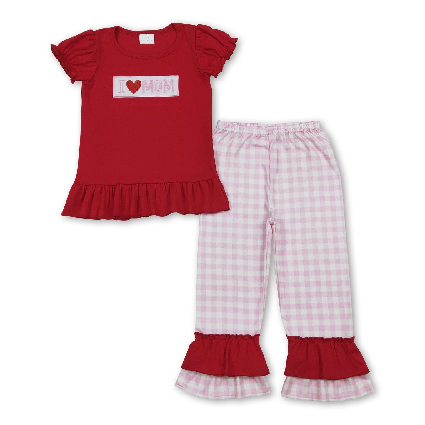 Rotes Baumwoll-Ich-liebe-Mama-Top, karierte Hose, Mädchen-Outfits