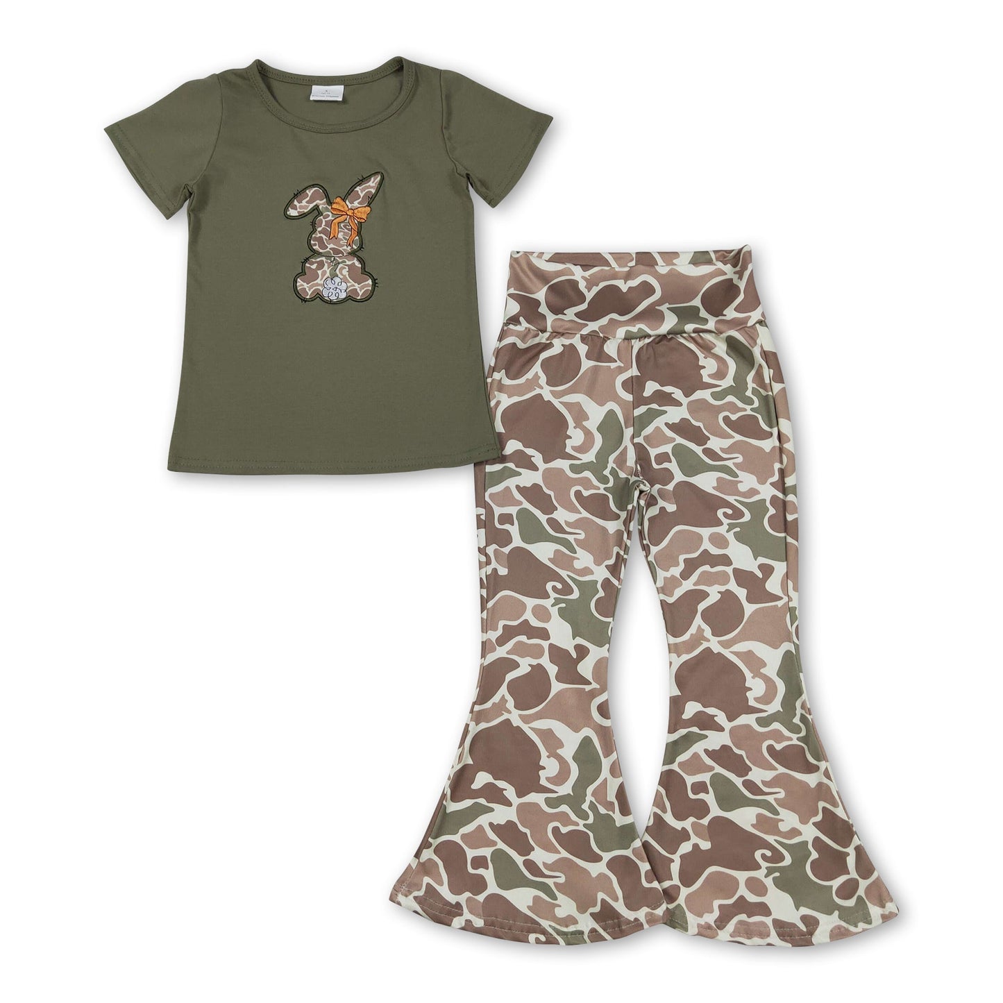 Tarnfarbenes Hasen-Schleifen-Stickerei-Oberteil mit Hose für Mädchen Oster-Outfit