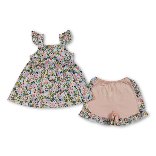 Flutter sleeves floral tunic ruffle shorts girls clothing