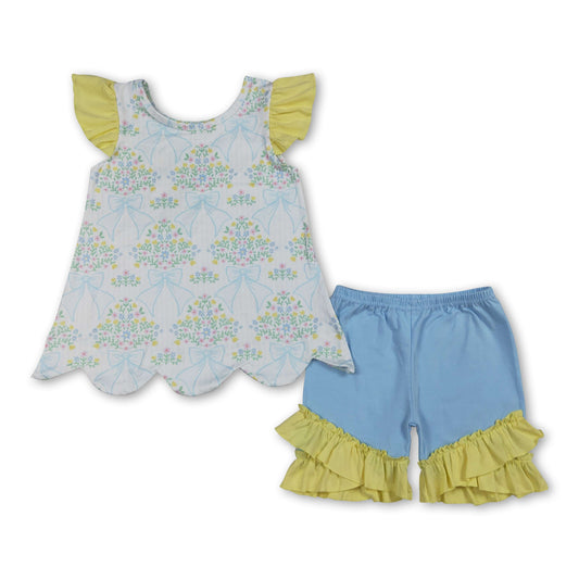Flutter sleeves floral bow scallop top shorts girls outfits