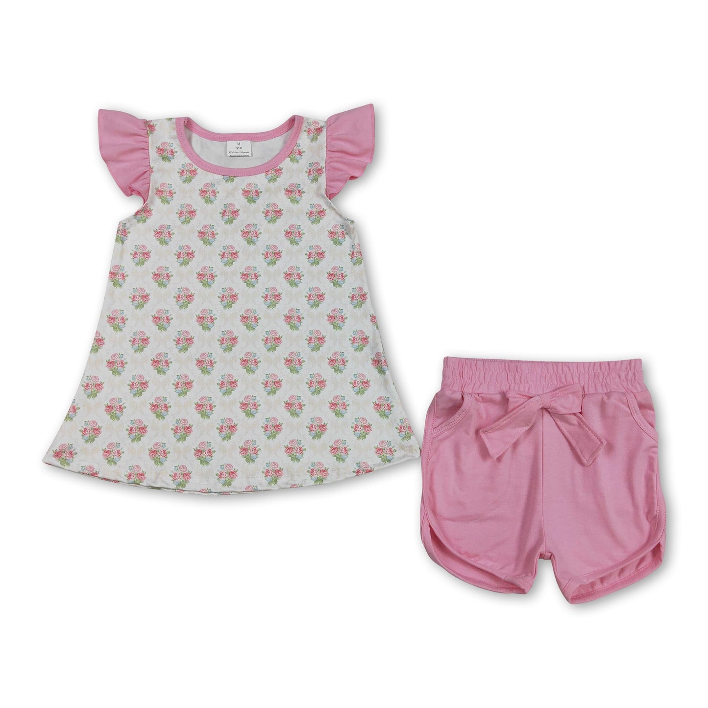 Flatterärmel Blumen-Top pinke Baumwoll-Shorts Mädchen-Outfits