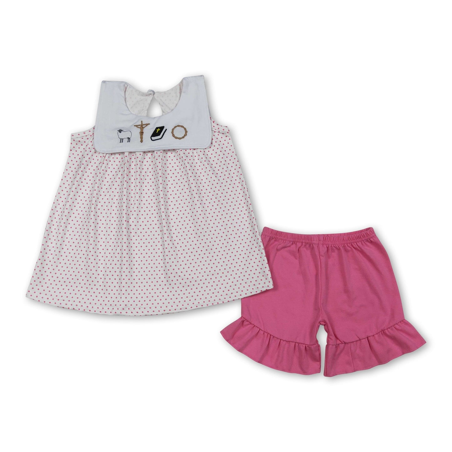 Ärmellose Osteroutfits für kleine Mädchen mit Schafskreuzstickerei
