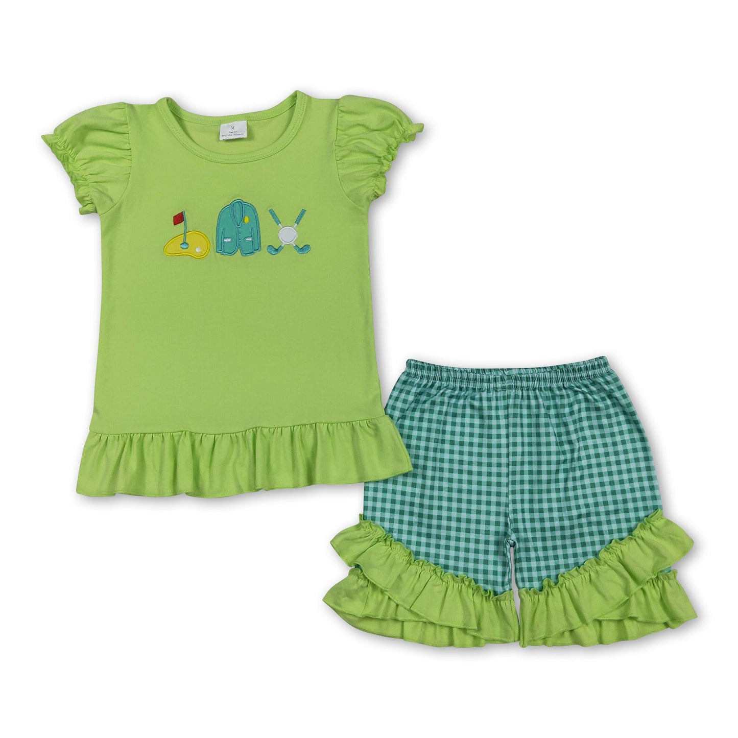 Kurzärmliges Golf-Rüschenoberteil, karierte Shorts, Mädchen-Outfits