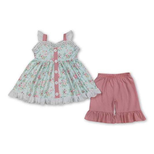 Flutter sleeves floral button tunic ruffle shorts girls outfits