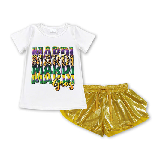 Weißer Leopard Mardi Gras Top gelbe Shorts Mädchen Outfits