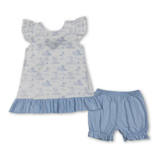 Flutter sleeves light blue dog ruffle bow top shorts girls outfits