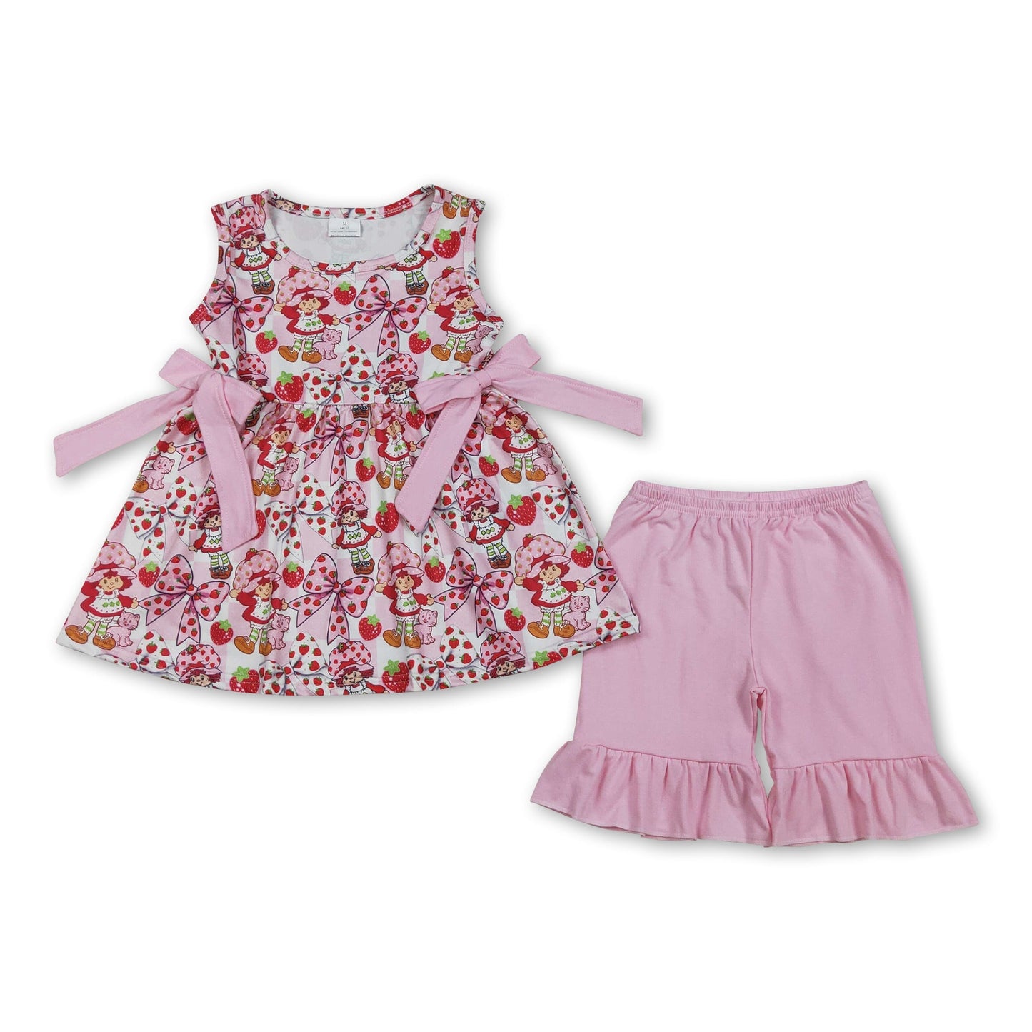 Ärmelloses Erdbeer-Schleifen-Tunika-Rüschen-Shorts-Mädchen-Outfit