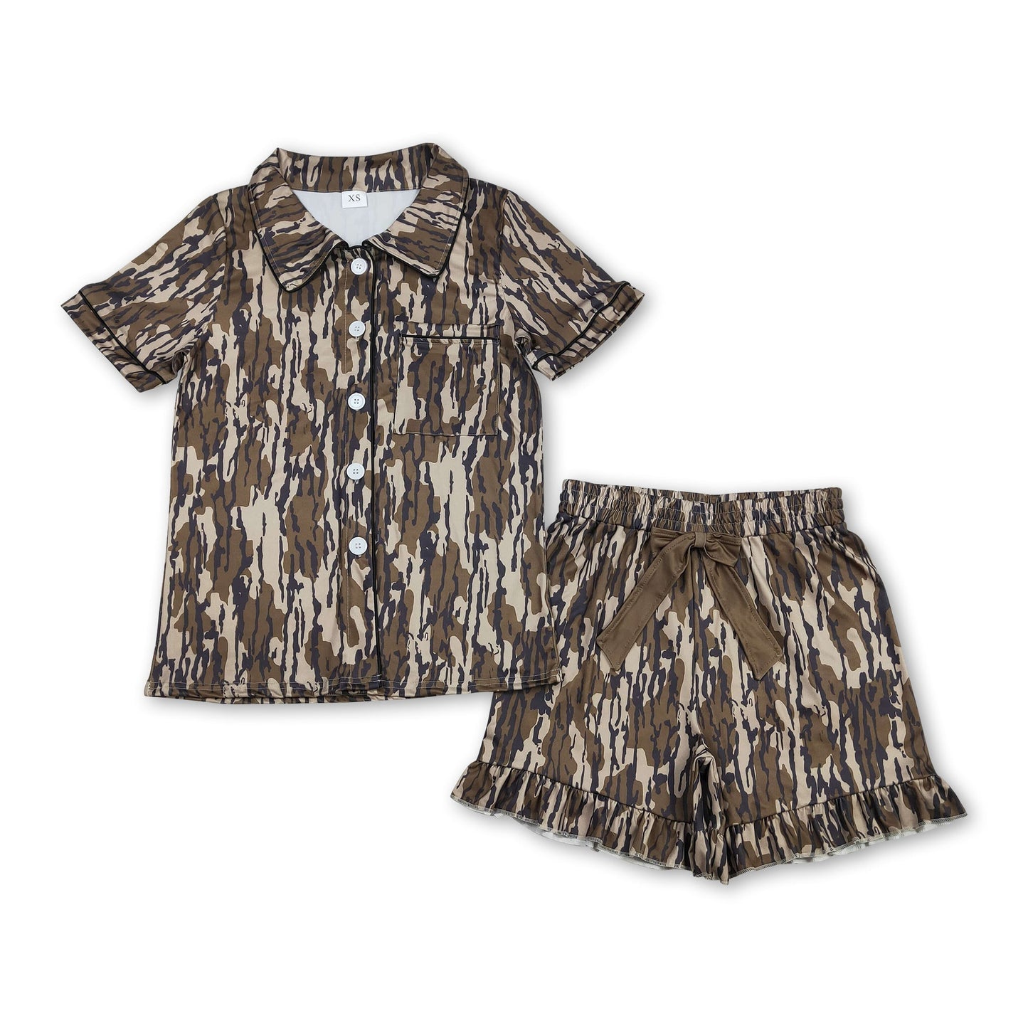 Kurzarm Pyjama-Set für erwachsene Frauen, olivfarben, Camouflage, zum Knöpfen, Sommer