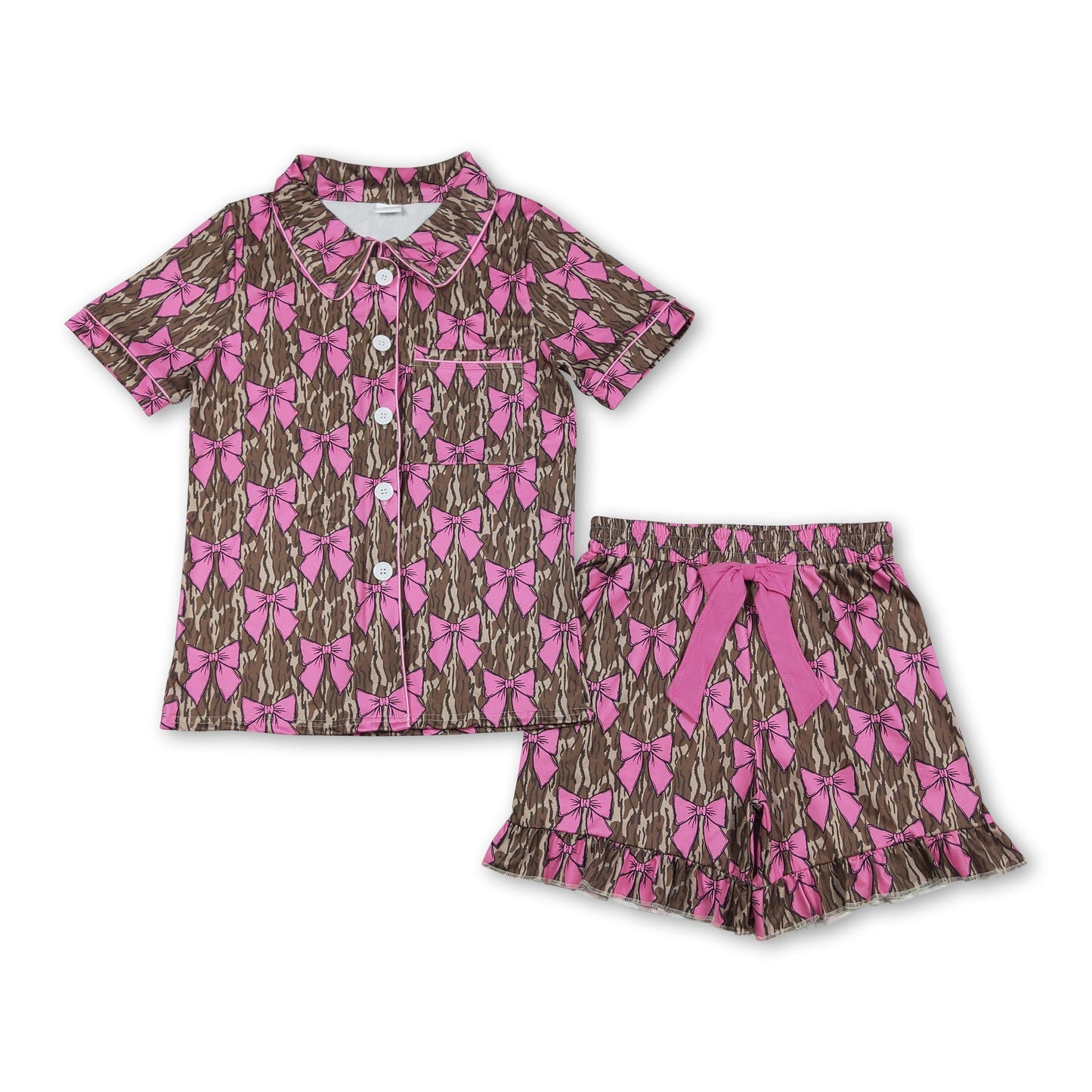 Kurzärmeliger, rosa Schleifen-Tarn-Damen-Pyjama mit Knopfleiste