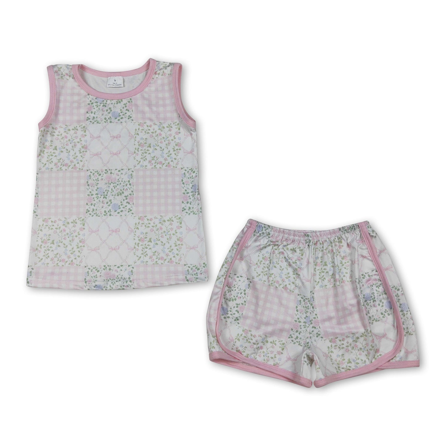 Ärmelloses Blumen-Patchwork-Top mit Schleife und Shorts für Mädchen