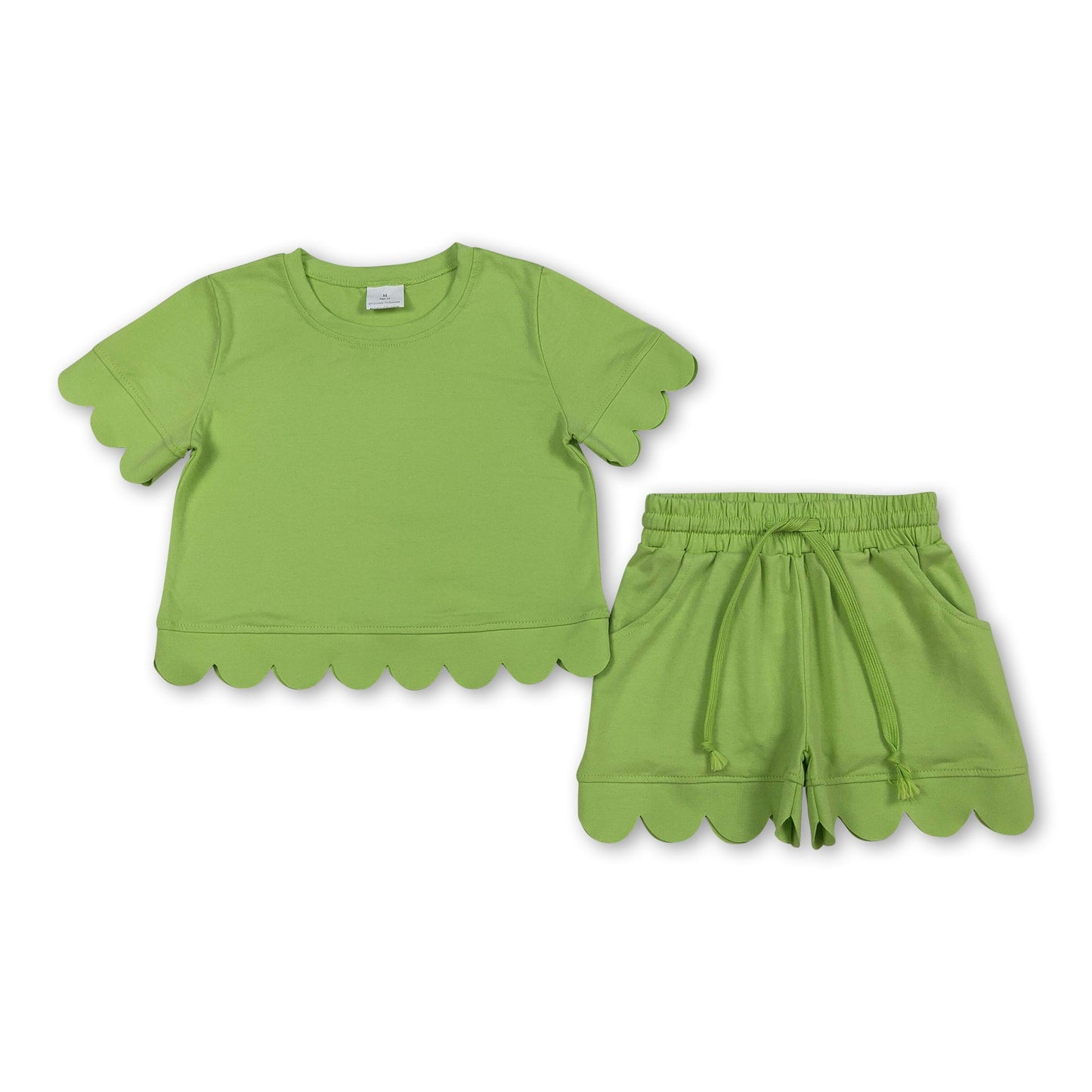 Kurzarm-Limettengrün-Muschelsaum-Top mit Shorts für Mädchen Sommeroutfit