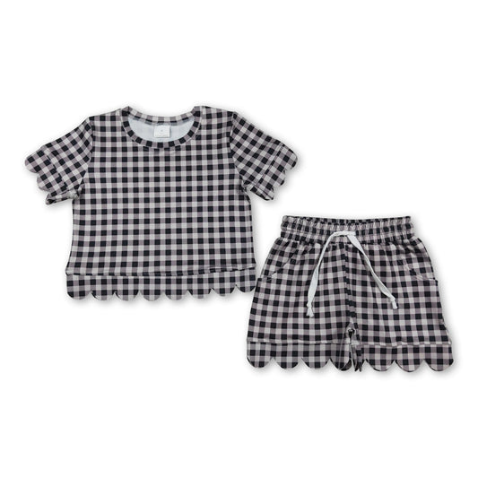 Black plaid scallop top shorts girls summer outfit
