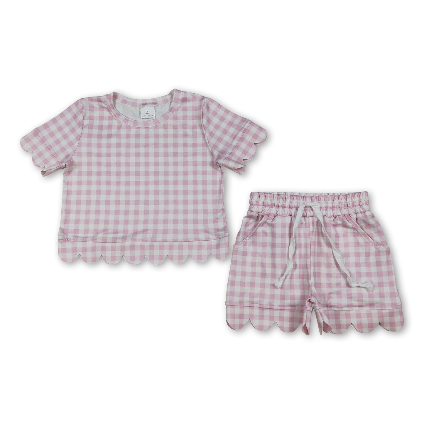 Pink kariertes Muschelsaum-Top mit Shorts, Mädchen-Sommer-Outfit