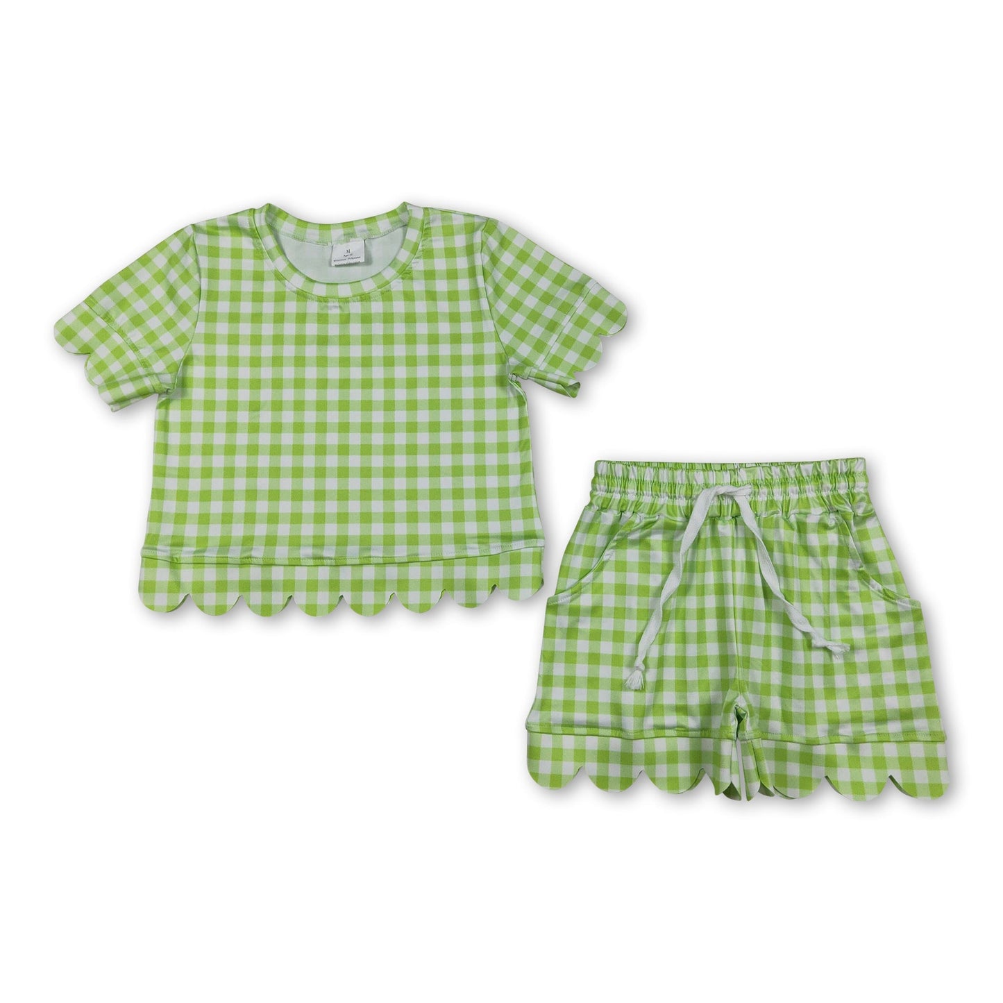 Limettengrünes kariertes Oberteil mit Muschelsaum Shorts Mädchen-Sommeroutfit