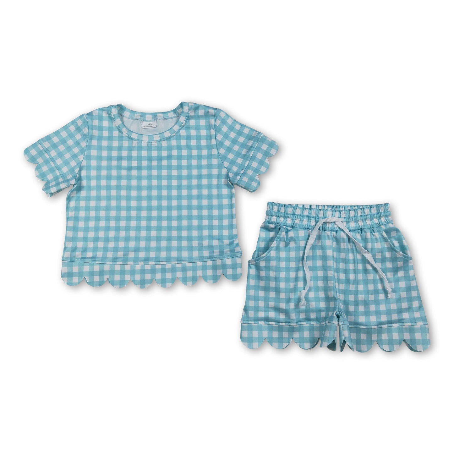 Aqua-kariertes Oberteil mit Muschelsaum und Shorts für Mädchen, Sommer-Outfit