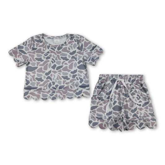 Grey camo scallop top shorts girls summer outfit