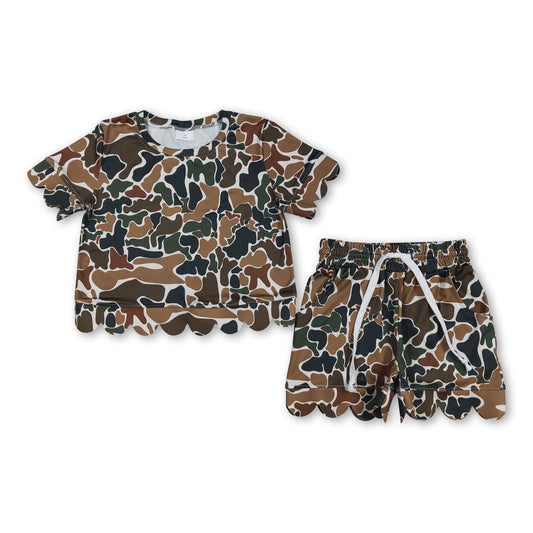 Brown camo scallop top shorts girls summer outfit