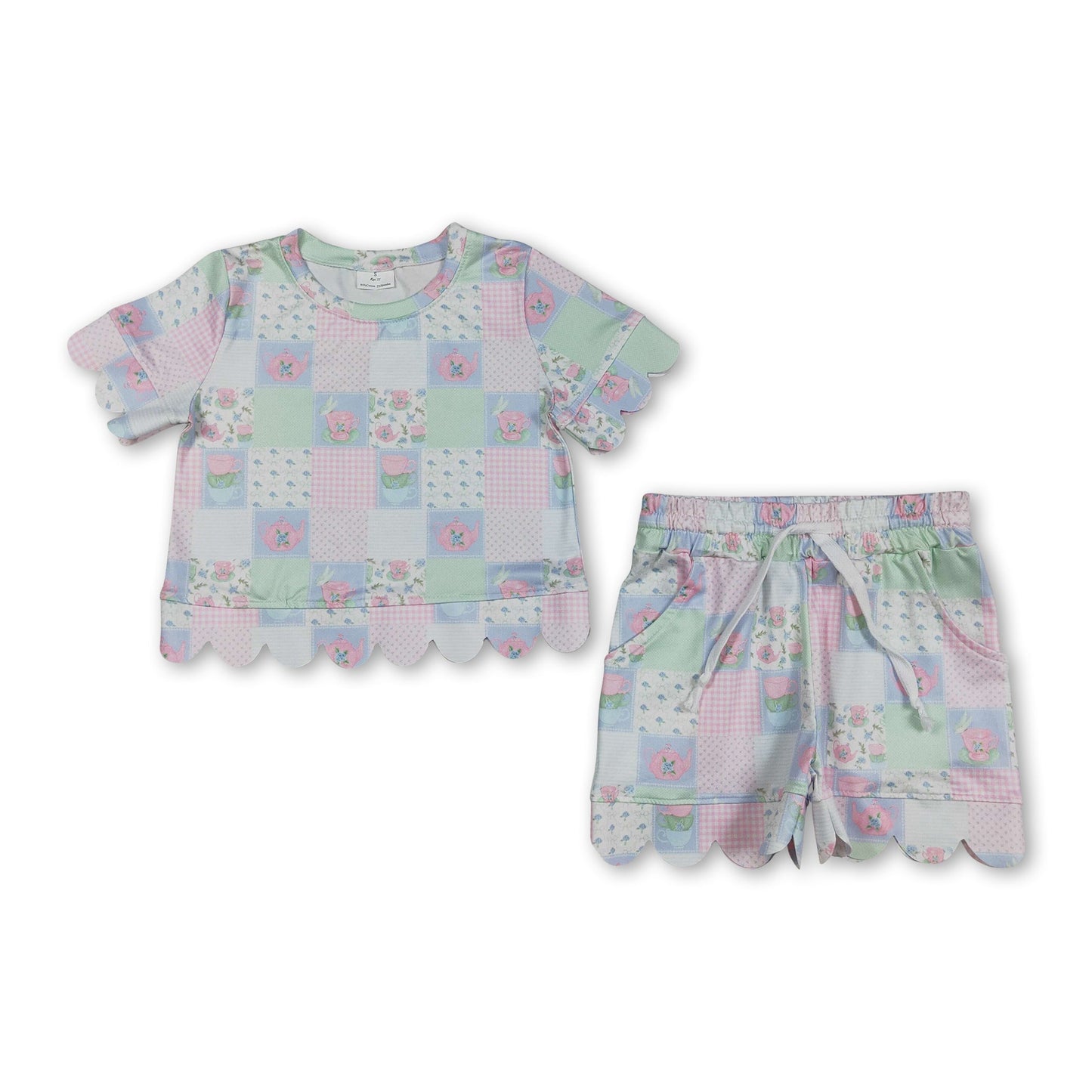 Kurzärmlige, geblümte, karierte Sommeroutfits für kleine Mädchen mit Wellenkante