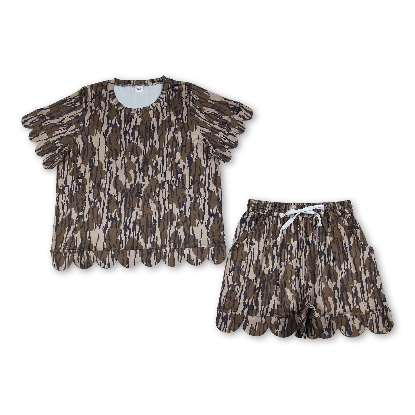 Olivefarbene Camouflage-Badeshorts mit Muschelsaum für erwachsene Frauen, Sommer-Outfits