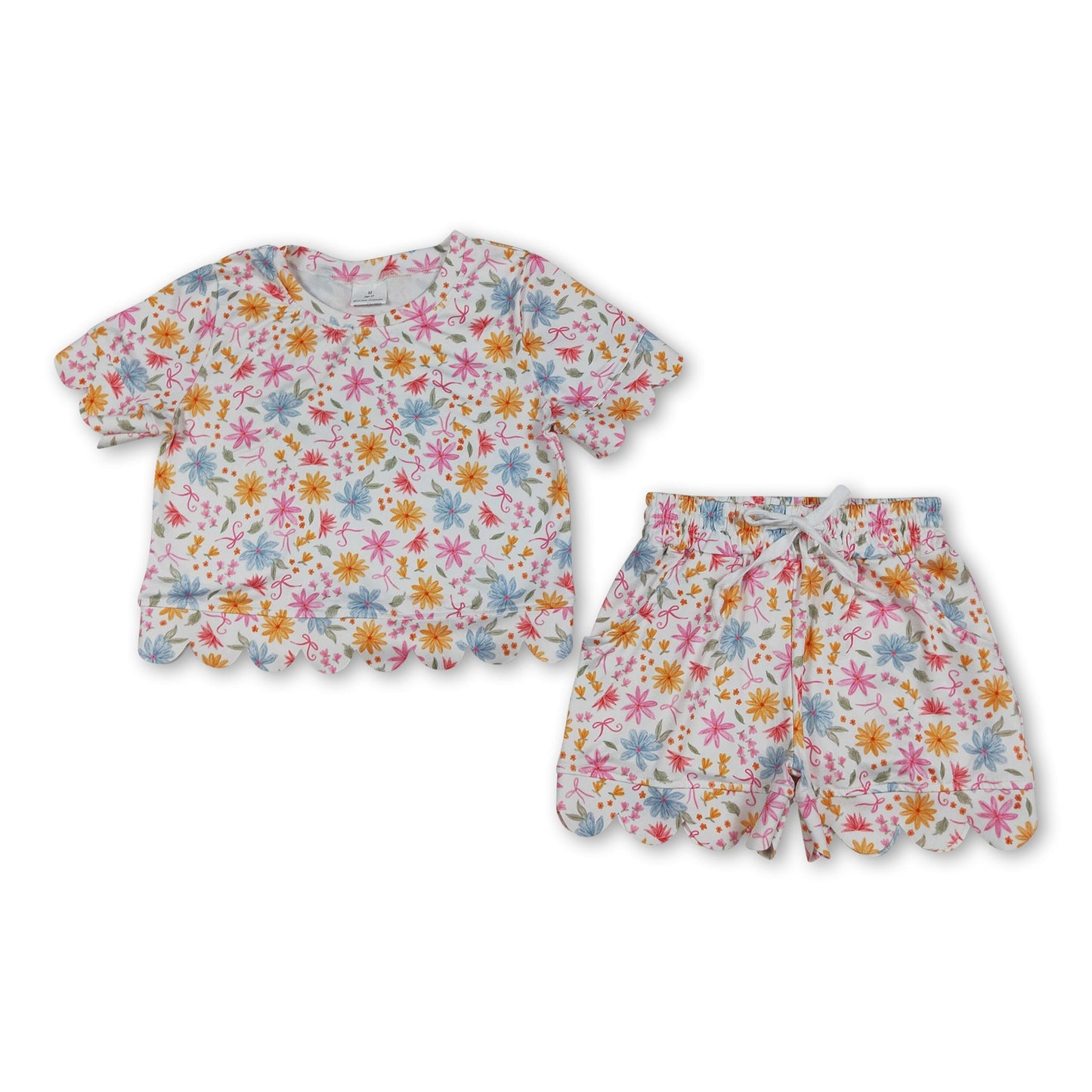 Kurzärmelige Blumenmuster Schleife Wellenrand Kinder Mädchen Sommer Outfits